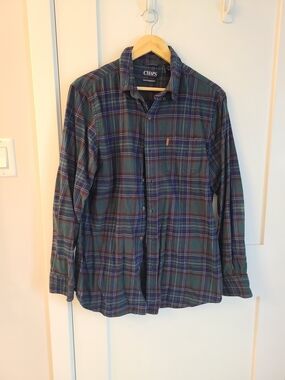 Chaps Men's Green Plaid Button-Down Shirt with Blue and Red Accents